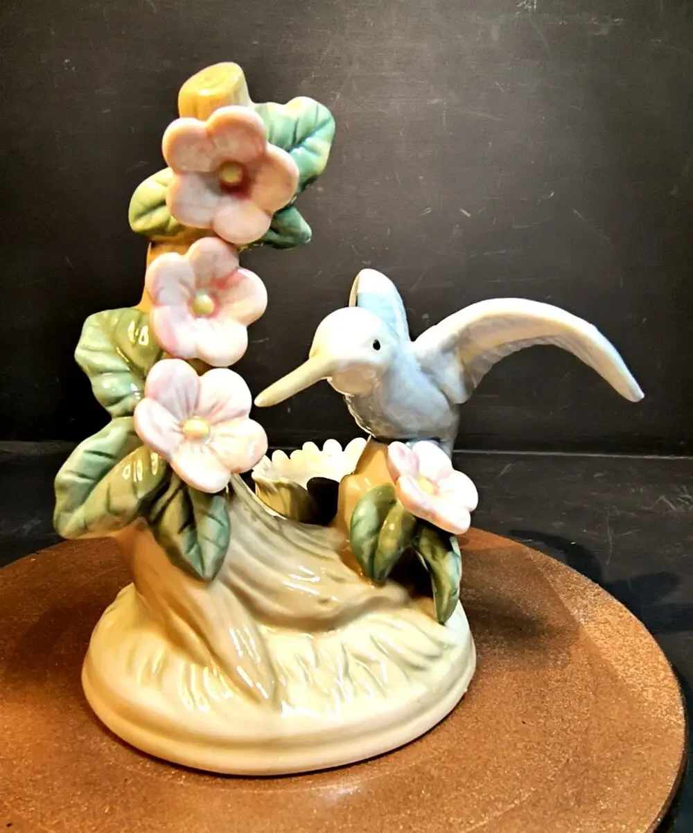2146. Vintage Anco Porcelain Hummingbird Figurine Candle Holder Flowers Branch
